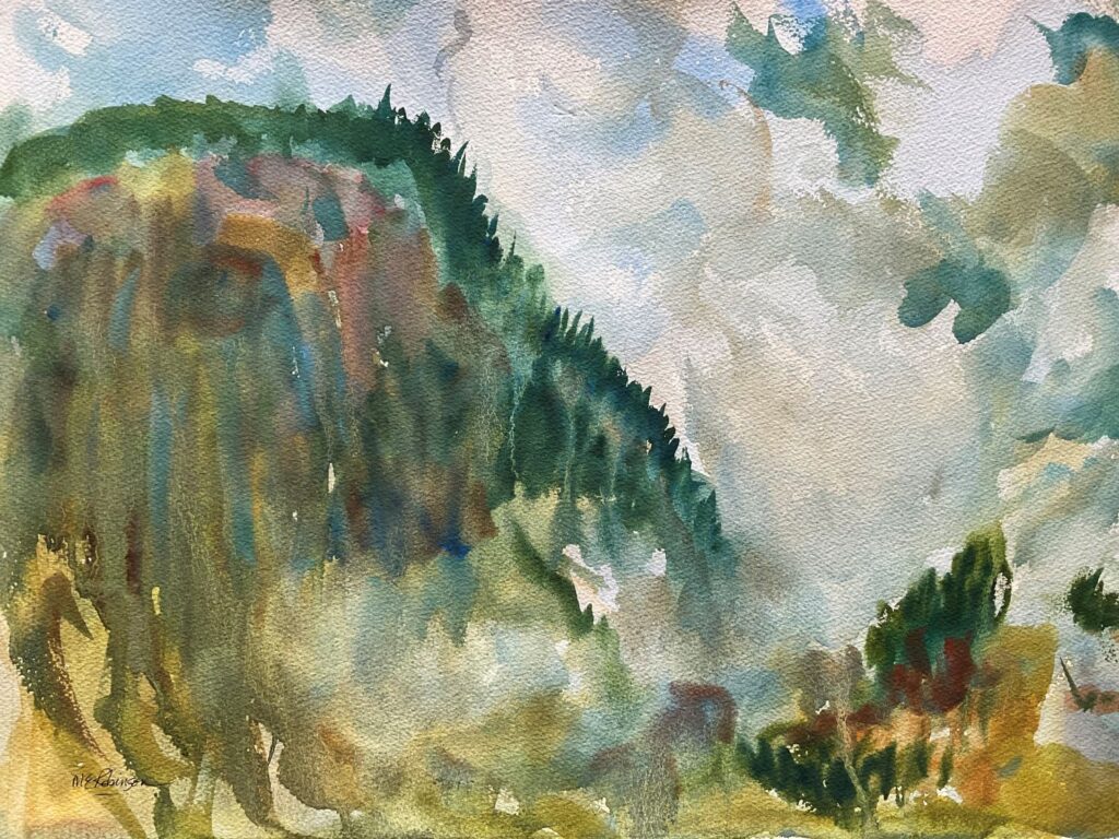 Morning Fog, Lauterbrunen, Switzerland, original watercolor painting of high rocky cliff with fog in the valley below