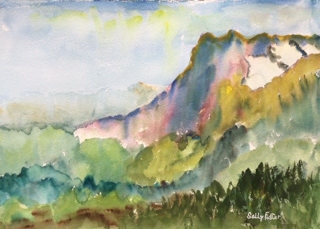 Morning in Klein Scheidegg, original watercolor painting of a jagged flat top mountain on the right and a valley of trees below