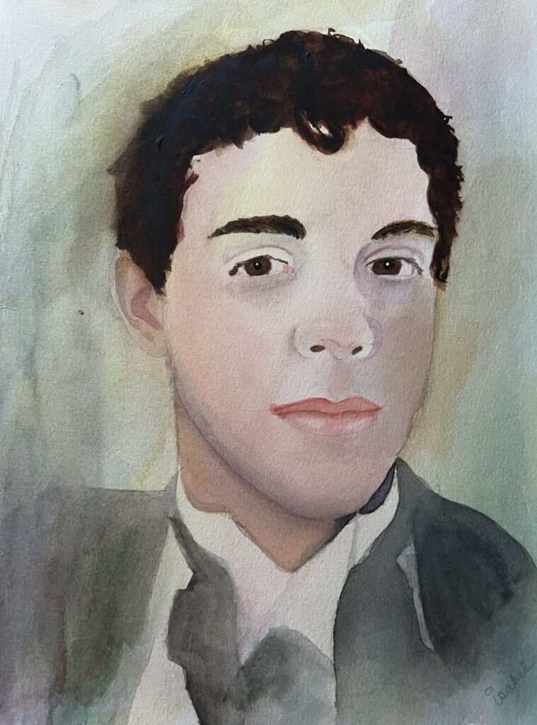 Nighthawk, original watercolor painting the bust of a young man in a black tuxedo and white shirt. The background is grey and his hair, eyebrows and eyes are black.