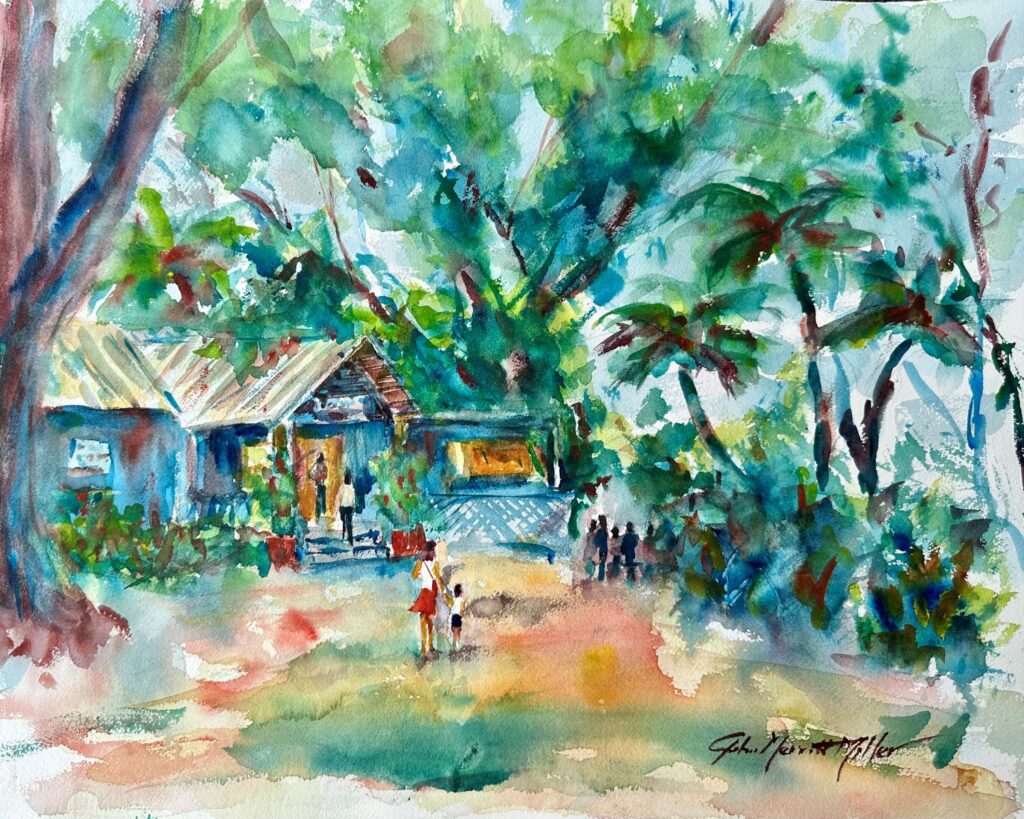 North Shore Macadamia Store, original watercolor painting of people walking up to a store nestled in a grove of tropical trees