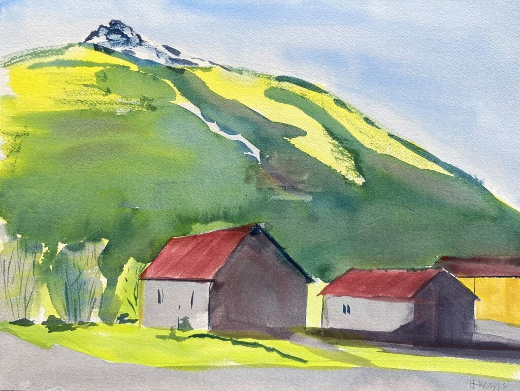 Silverton, original watercolor painting of white buildings with red roof sitting beneath a hill of yellow and light green