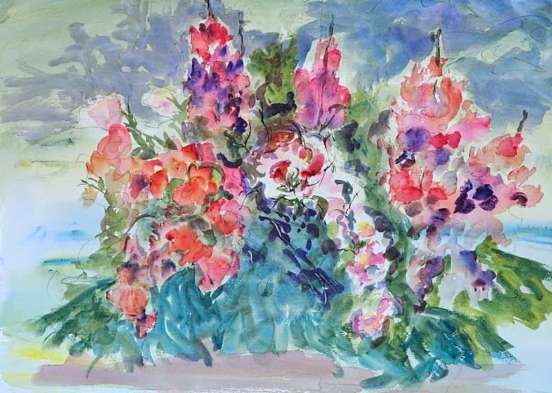 Snapdragons, original watercolor painting of pink, purple and white flowers with a teal colored background