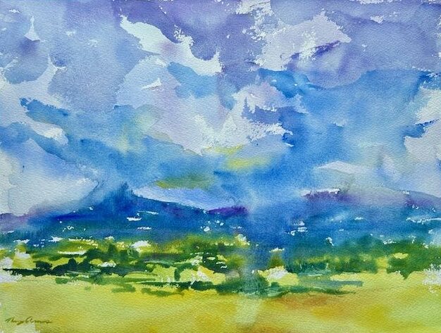 Somewhere in Scotland, original watercolor painting of green open fields in front of a mountain range with cloudy sky above.