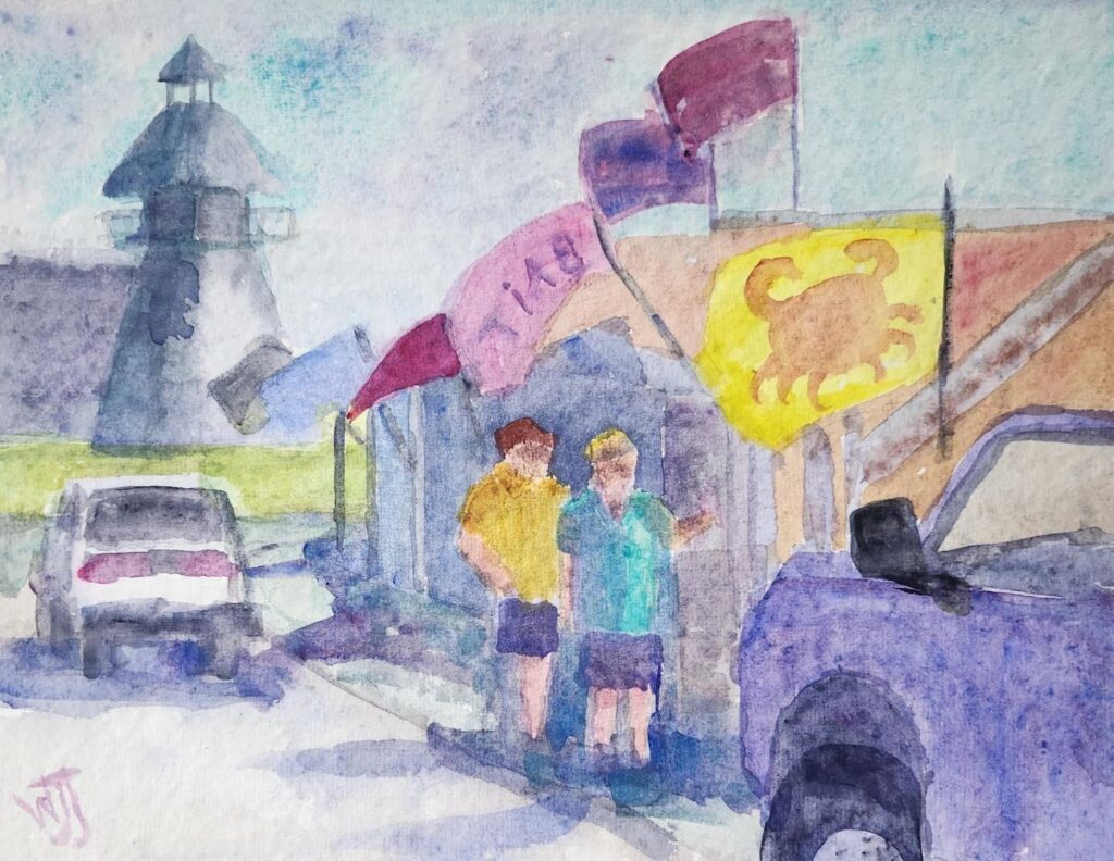 Talking in Front of the Baitshop, original watercolor painting of a couple of people in front of a building with red, purple and blue flags as well as of a crab and the word Bait. There are a couple of vehicles on the street on either side of the people. There is also a tower of some sort in the background.