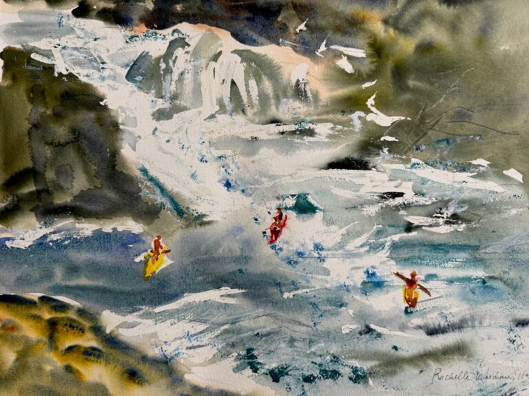 The Challenge, original watercolor painting of three kayakers coming down a white water river.