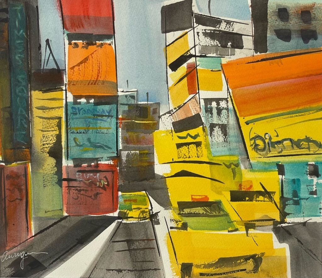 Times Square, original watercolor painting of yellow, orange, red and teal buildings like boxes stacked