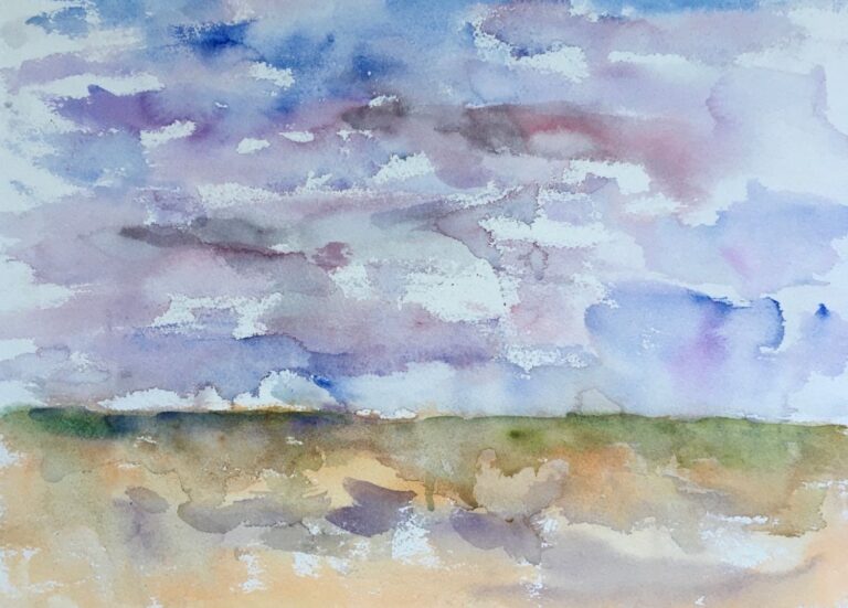 Trouville Beach, original watercolor painting of a grassy field under a cloud strewn sky of purples and blues.