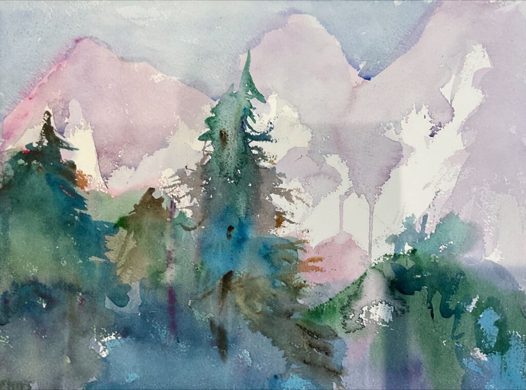 Winteregg, original watercolor painting of snow-covered mountains with trees in the foreground