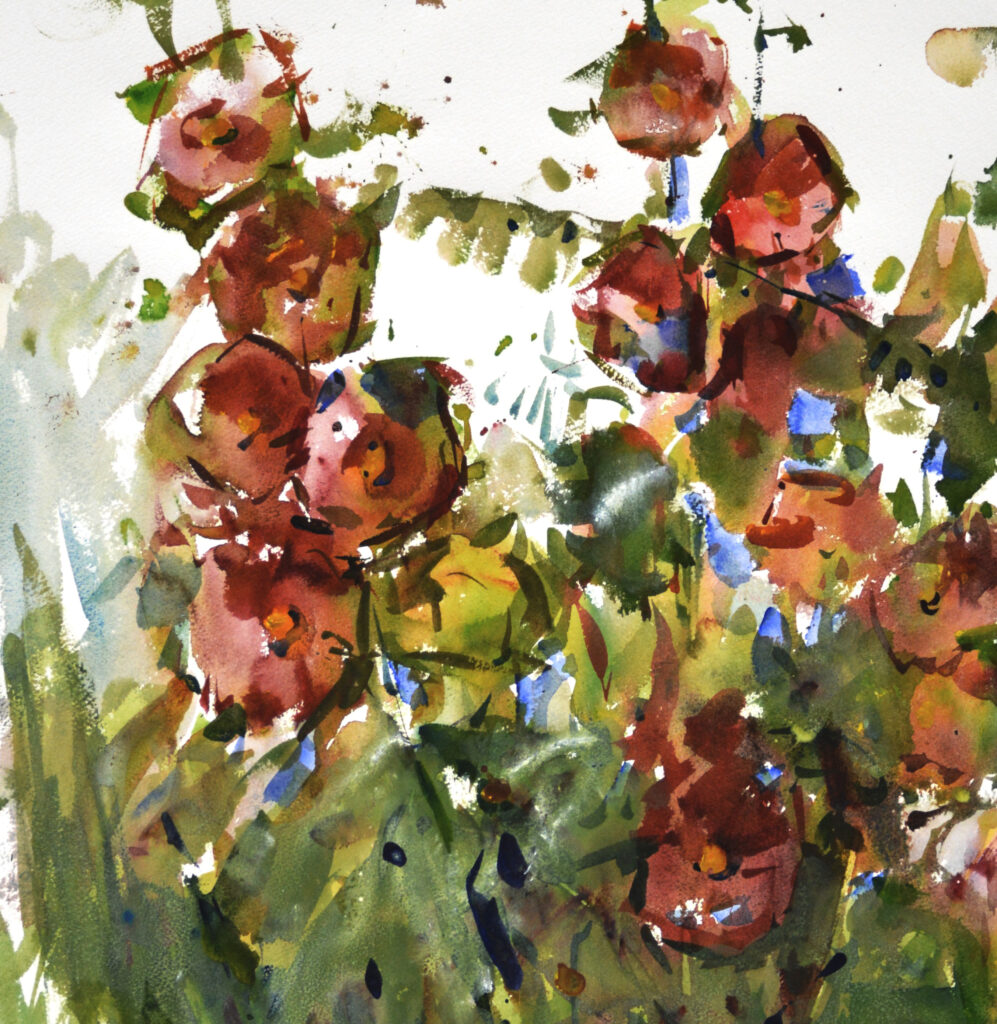 Eric Wiegardt original watercolor watercolor painting of red hollyhocks flowers with green steams and leaves surrounding.