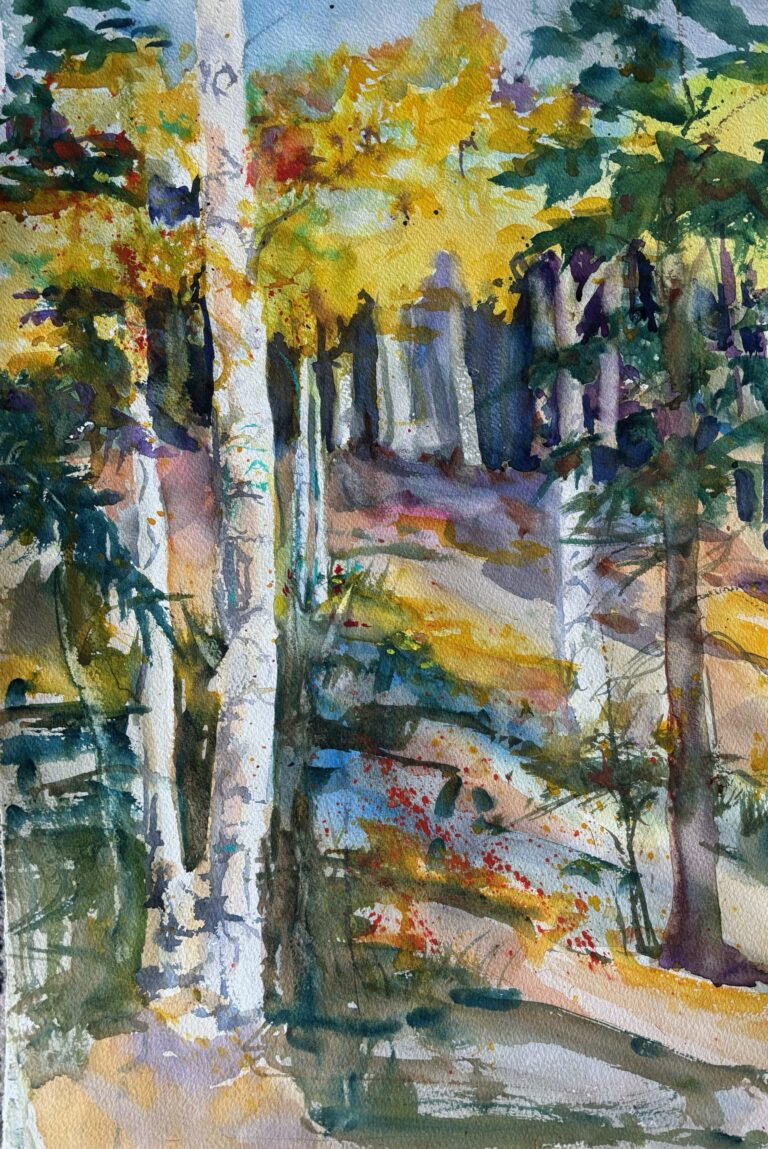 Fall Aspen in Flagstaff, original watercolor painting of Aspen trees on a hillside in full fall colors of yellows, orange and red against the white bark of the Aspen tree trunks. There are a couple of other trees in green amongst the Aspens.