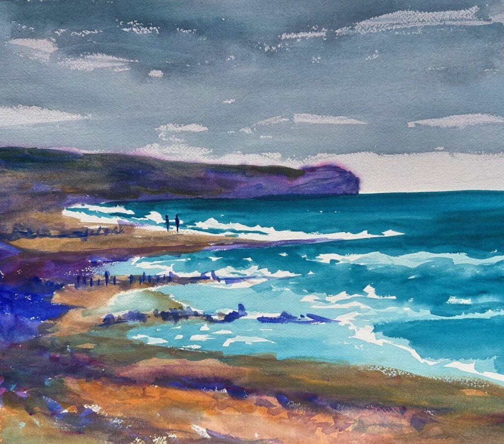 Omaha Beach, original watercolor painting of a beach on the left and water with waves on the right. The sky is cloudy, the water is a dark teal and the beach is varying tans and oranges and greens fading into purple at the distance. There are two people walking on the beach.