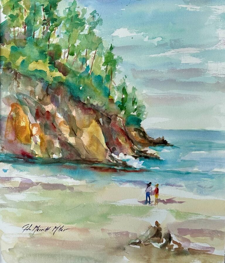 Tranquility Tuesday, original watercolor painting of a couple of people on a sandy beach with a rocky tree covered hillside jutting down into the water beyond them. The water is blue with gentle waves and the sky is blue and cloudy.