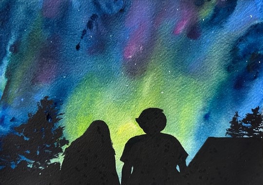 When You See the Northern Lights for the First Time, original watercolor painting of the silhouettes of a boy, girl, roof top and trees against the blue, purple, green and yellow night sky.