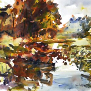 4632 Marsh, original watercolor painting by Eric Wiegardt of rust and golden leafed trees reflecting on the water of a local marsh.