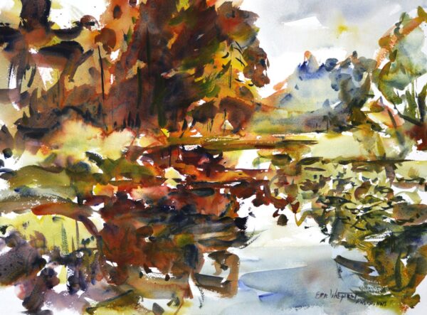 4632 Marsh, original watercolor painting by Eric Wiegardt of rust and golden leafed trees reflecting on the water of a local marsh.