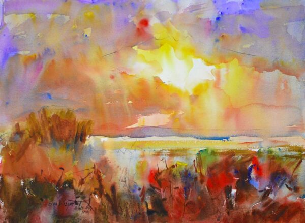 4649 Sunrise on Willapa, original watercolor painting by Eric Wiegardt of a beautiful yellow, orange, purple and red sunrise reflecting on the clouds and also in the water. The foliage in the foreground is of varying reds, purples and browns.