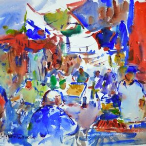 4650 Moroccan Market, original watercolor painting of a market place in Morocco. There are lots of people selling their wares. The colors are predominately blues, reds and white.