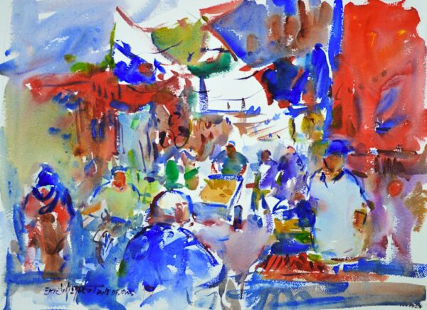 4650 Moroccan Market, original watercolor painting of a market place in Morocco. There are lots of people selling their wares. The colors are predominately blues, reds and white.