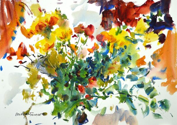 4652 November Floral, original watercolor painting by Eric Wiegardt of a bouquet of yellow, red and gold with their greenery. The background is white with splashes of red, orange and navy.