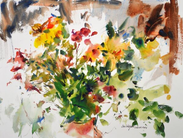 4653 November Floral II, original watercolor painting by Eric Wiegardt of a fall bouquet of yellow, red and orange flowers with there greens in an orange vase. The background is white with splashes of redish brown, grey and black.