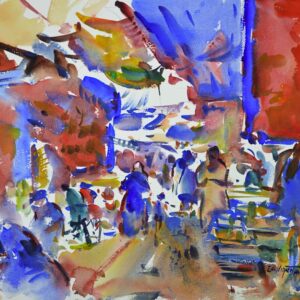 4655 Marrakech, Morocco, original watercolor painting by Eric Wiegardt of a marketplace in Morocco with vendors selling their wares to passers by. The colors are of blues, reds and tans.