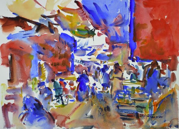 4655 Marrakech, Morocco, original watercolor painting by Eric Wiegardt of a marketplace in Morocco with vendors selling their wares to passers by. The colors are of blues, reds and tans.