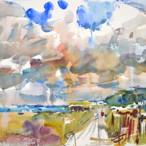 4656 Trouville, France, original watercolor painting by Eric Wiegardt of a person walking on a path along a harbor. The clouds above are of grey, blue and white. The grass along the blue water are in tans with dark grey hills in the distance.