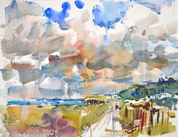 4656 Trouville, France, original watercolor painting by Eric Wiegardt of a person walking on a path along a harbor. The clouds above are of grey, blue and white. The grass along the blue water are in tans with dark grey hills in the distance.