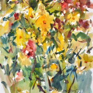 4657 Yellow Dahlias, original watercolor painting by Eric Wiegardt of a lovely bouquet of yellow dahlias with their foliage in a greyish setting.