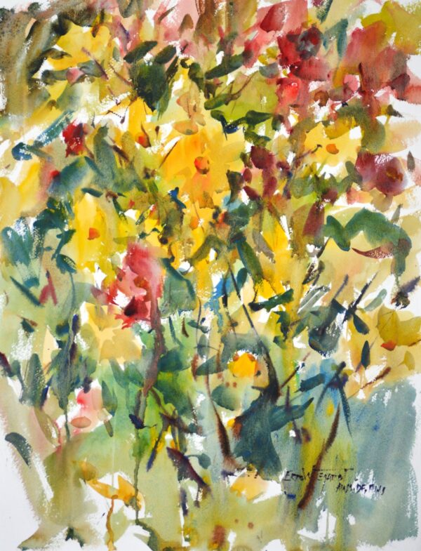 4657 Yellow Dahlias, original watercolor painting by Eric Wiegardt of a lovely bouquet of yellow dahlias with their foliage in a greyish setting.