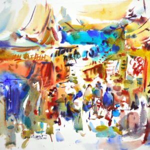 4659 Street Market, Morocco, original watercolor painting by Eric Wiegardt of a street filled with vendors selling their wares to those passing by. Lots of warm tones with some cool blue highlights.