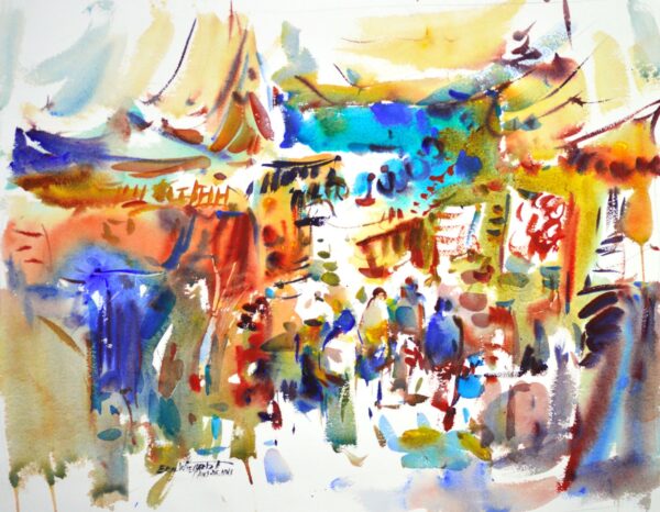 4659 Street Market, Morocco, original watercolor painting by Eric Wiegardt of a street filled with vendors selling their wares to those passing by. Lots of warm tones with some cool blue highlights.