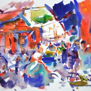 4660 Morocco Vendors, original watercolor painting by Eric Wiegardt of the bustling market of a Moroccan street. Thie buildings in the background are of red and dark blue and white. The bustling people are in colors of teal, grey glue and red.