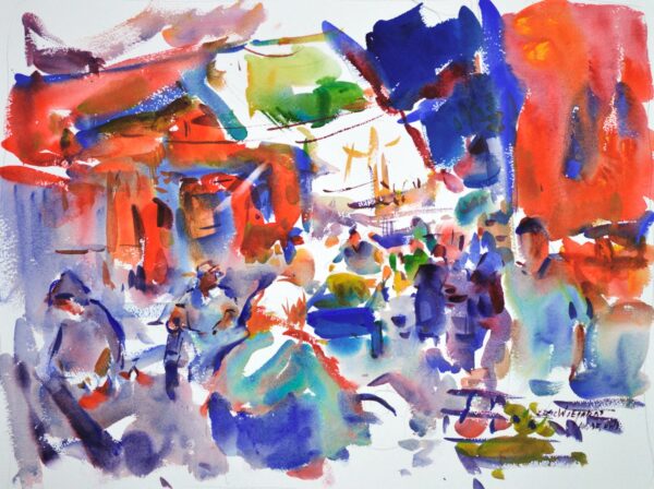 4660 Morocco Vendors, original watercolor painting by Eric Wiegardt of the bustling market of a Moroccan street. Thie buildings in the background are of red and dark blue and white. The bustling people are in colors of teal, grey glue and red.