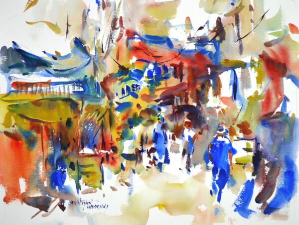 4661 Medina, Morocco, original watercolor painting by Eric Wiegardt of a street scene with the buildings being mostly in reds and browns and those walking on the street predominantly in blue.