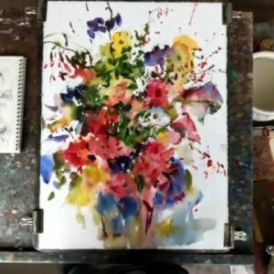 A vibrant, loose watercolor painting of a bouquet of flowers by Eric Wiegardt, featuring reds, yellows, blues, and purples.