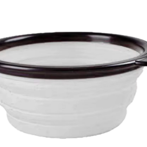 A white plastic bowl with a black rim and attached carabiner clip.