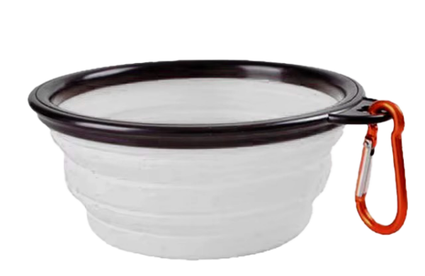 A white plastic bowl with a black rim and attached carabiner clip.