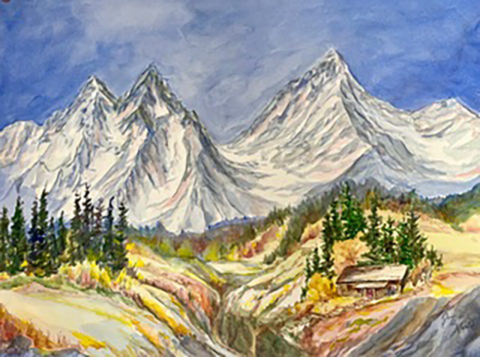 Rocky Mountain Ranch View, original watercolor painting of snow covered mountain peaks under a beautiful blue and cloud scattered clouds. In front of the mountains lie two smaller hills with evergreen trees clustered on top of a tan grassy blanket and a valley between.