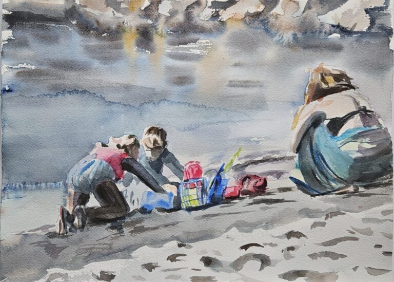 Beach Scene, original watercolor painting of a mom and two children playing in the sand with some beach toys. It appears to be a tidal pool and rocks on the upper side of the tidal pool.