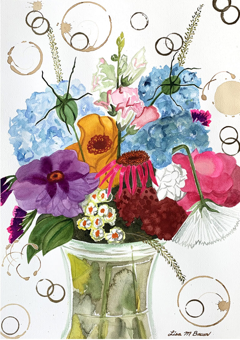 Issaquah Market 2024, original watercolor painting of a bouquet in a vase. The flowers are blue, purple, orange, red, pink and white with circles and rings in the background.