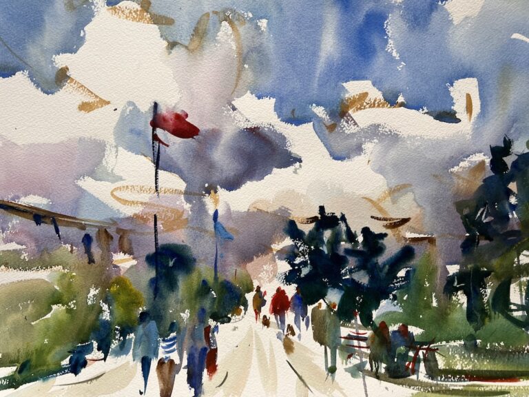 Clearing Skies, original watercolor painting of blue sky starting to appear amongst the clouds. Below are people walking on a street with trees on the sides and a red flag flying.